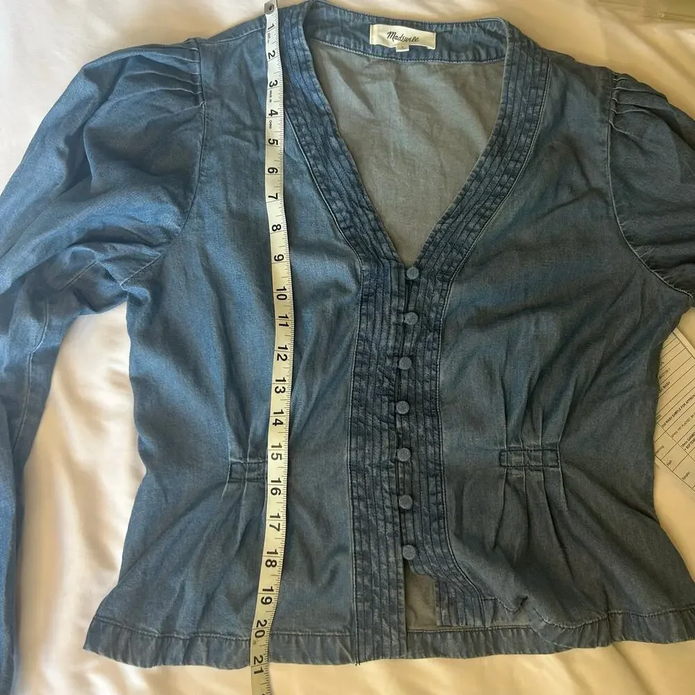 Madewell chambray balloon sleeve peplum blouse. Sloft V neck cottagecore Women 8 - Picture 4 of 7